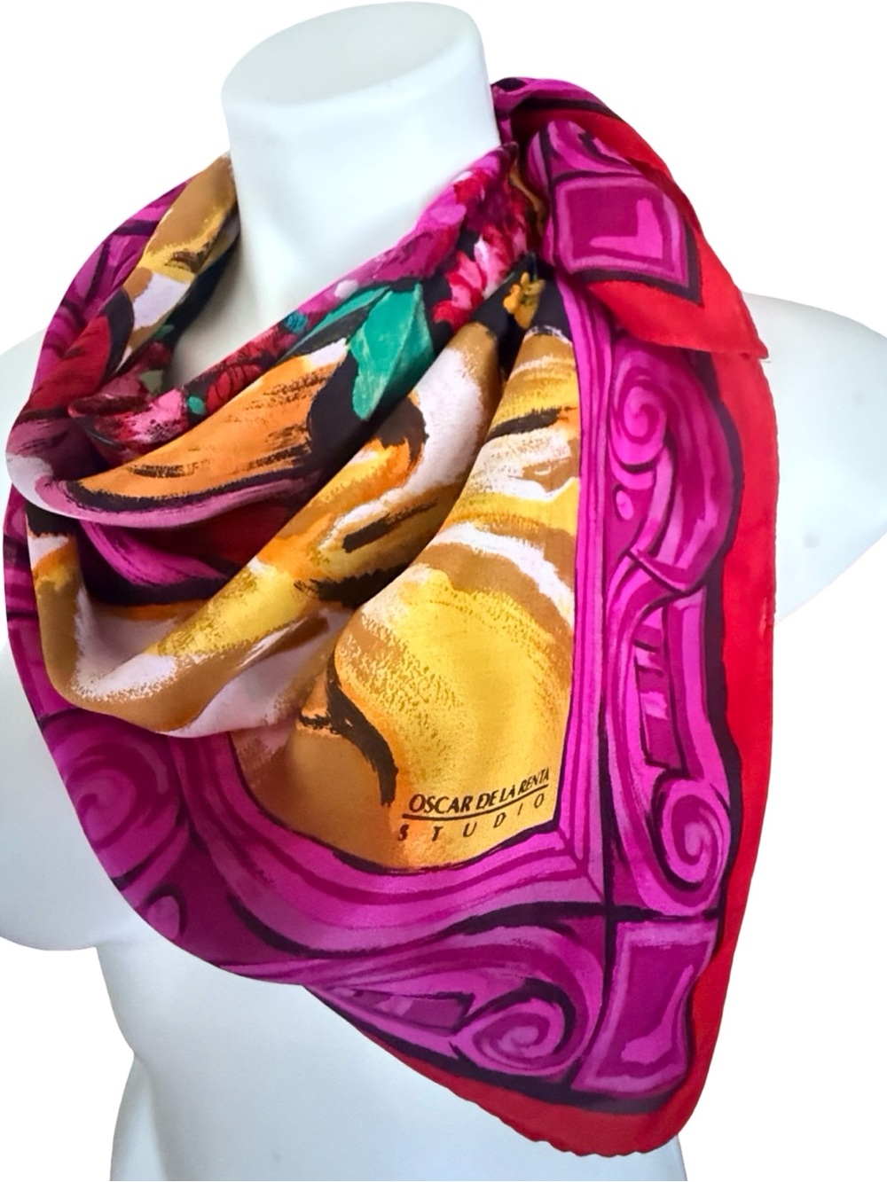 Vintage Oscar de la Renta Studio Silk Scarf Floral Bouquet Magenta Black Gold - Picture 6 of 7